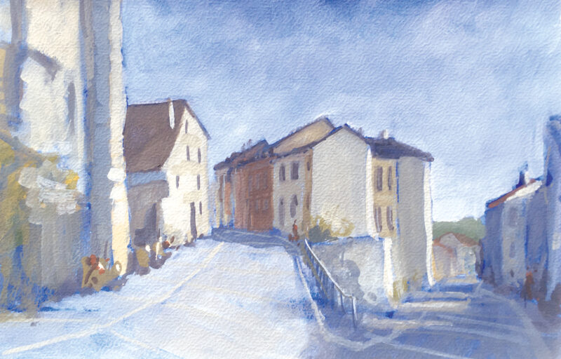 Gouache de Carrières-sur-Seine, lumière du matin sur la rue Gabriel-Péri et la rue de Bezons.