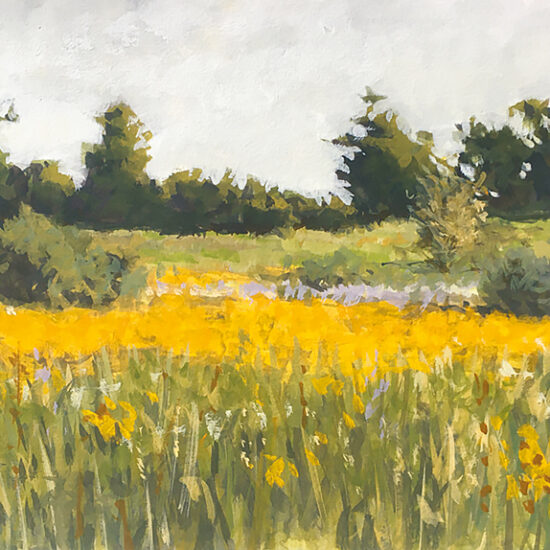 Gouache représentant un champ fleuri dans la campagne d’Île-de-France, sous un ciel clair.