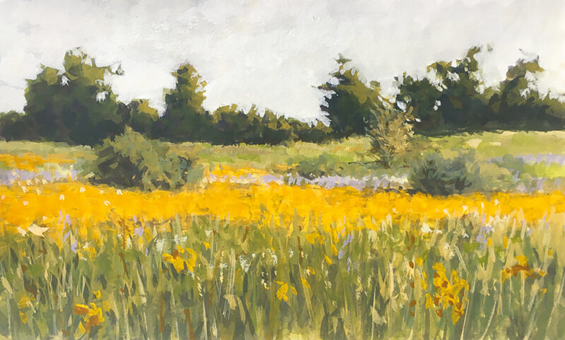 Gouache représentant un champ fleuri dans la campagne d’Île-de-France, sous un ciel clair.
