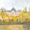 Gouache du château de Maisons-Laffitte vue depuis la rive de Sartrouville, reflets dorés d’automne sur la Seine.