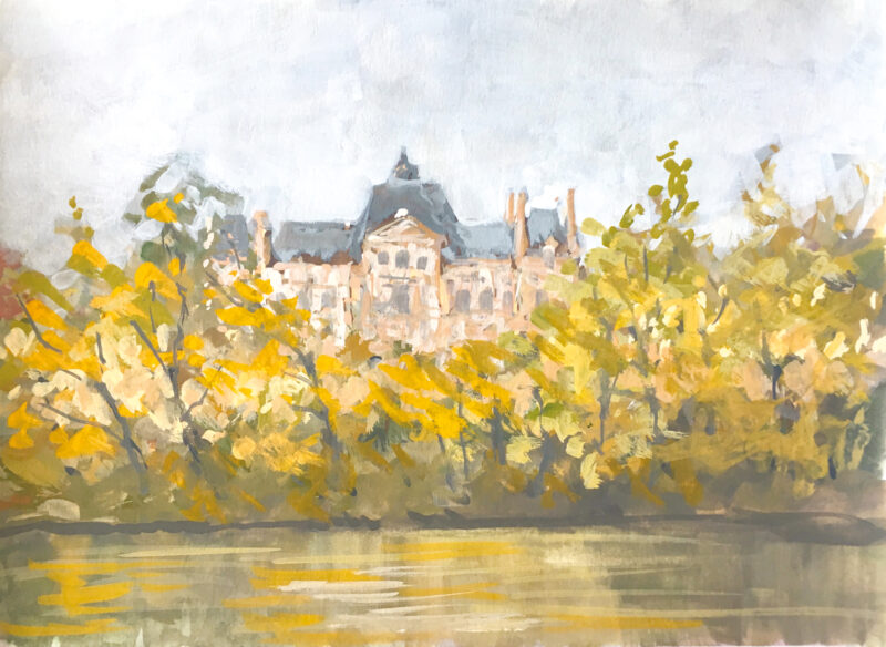 Gouache du château de Maisons-Laffitte vue depuis la rive de Sartrouville, reflets dorés d’automne sur la Seine.