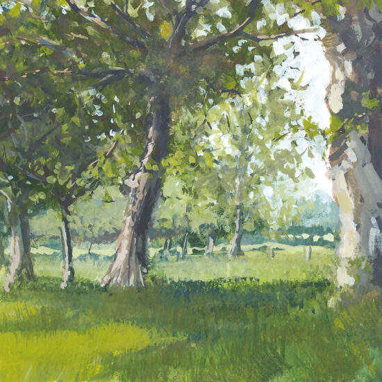 Gouache représentant un sous-bois lumineux à Saint-Michel-des-Loups, en Normandie.