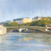Gouache représentant le Pont d’Arcole vu depuis l’Île Saint-Louis à Paris, sous une lumière matinale.