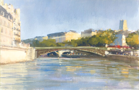 Gouache représentant le Pont d’Arcole vu depuis l’Île Saint-Louis à Paris, sous une lumière matinale.