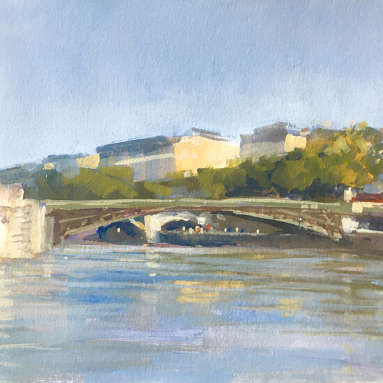Gouache représentant le Pont d’Arcole vu depuis l’Île Saint-Louis à Paris, sous une lumière matinale.