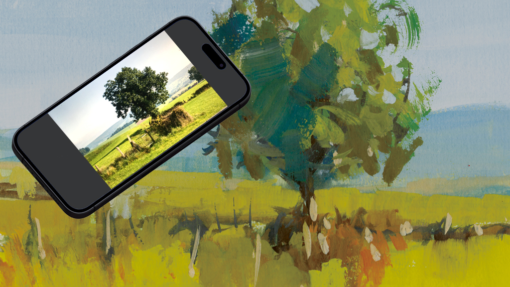 Smartphone affichant une photo de paysage posé sur une peinture, illustrant le passage de la couleur additive à la couleur soustractive.