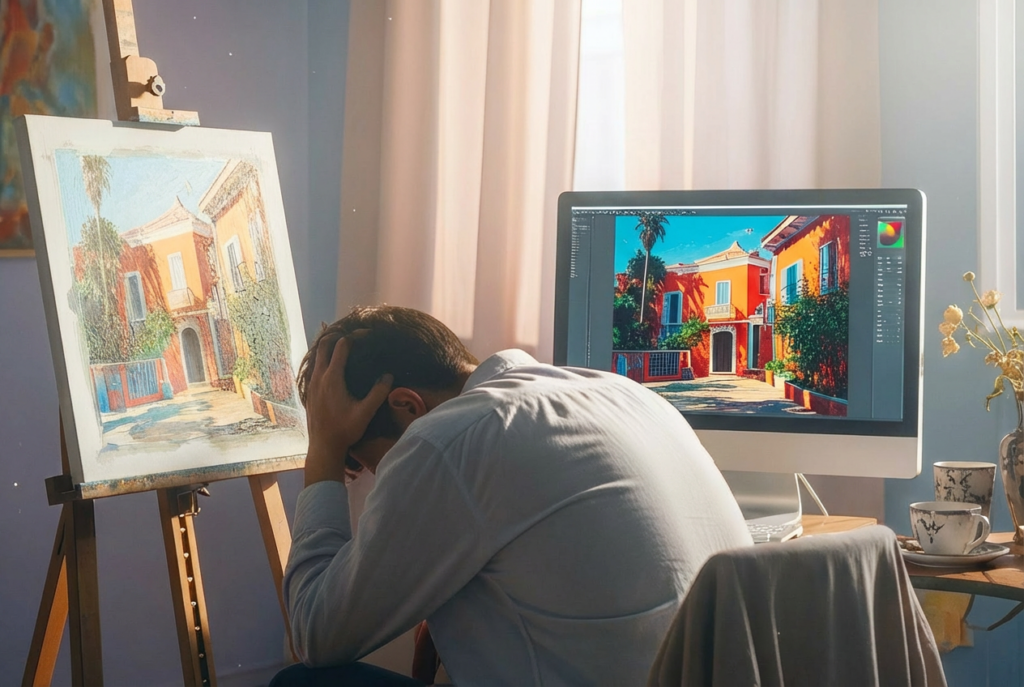 Artiste comparant une image numérique sur écran et sa version peinte sur chevalet pour illustrer la couleur additive et la couleur soustractive.