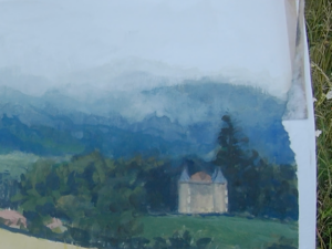 Bord de gouache en plein air où l’adhésif commence à arracher un papier encore humide par temps pluvieux