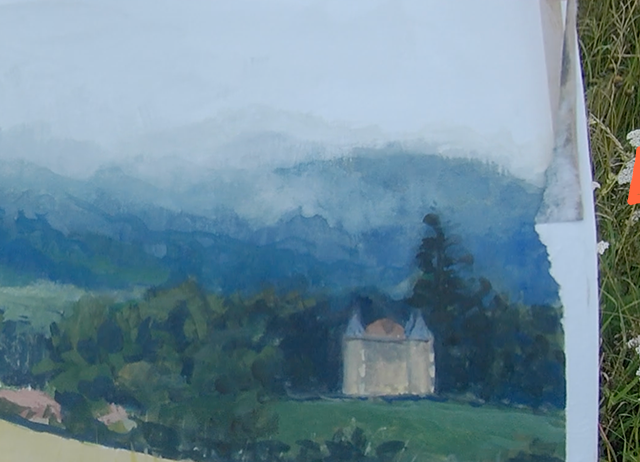 Bord de gouache en plein air où l’adhésif commence à arracher un papier encore humide par temps pluvieux