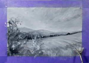 Pinceau éventail à poils durs utilisé pour créer des textures dans un paysage à la gouache