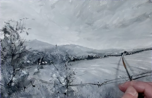 Pinceau traînard utilisé pour tracer les lignes fines d’un paysage à la gouache